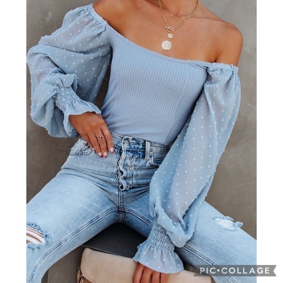 Sky Blue Top/Bodysuit w/Sheer Popcorn Sleeves - Picture 1 of 5